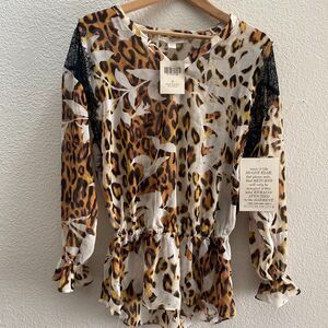 Boston Proper Stamped Jungle Blouse Shirt Top Long Sleeve Sheer Elastic Waist 6